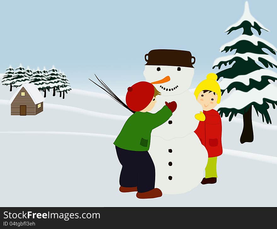 Graphic illustraion of two children making a snowman in winter time. Christmas card with children and snowman. Graphic illustraion of two children making a snowman in winter time. Christmas card with children and snowman.