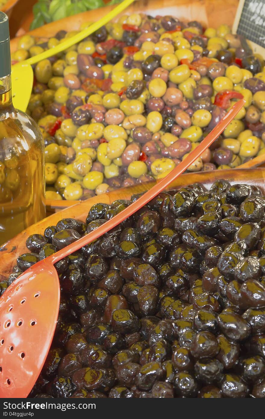 Olives, Pickles And Salads On The Market.