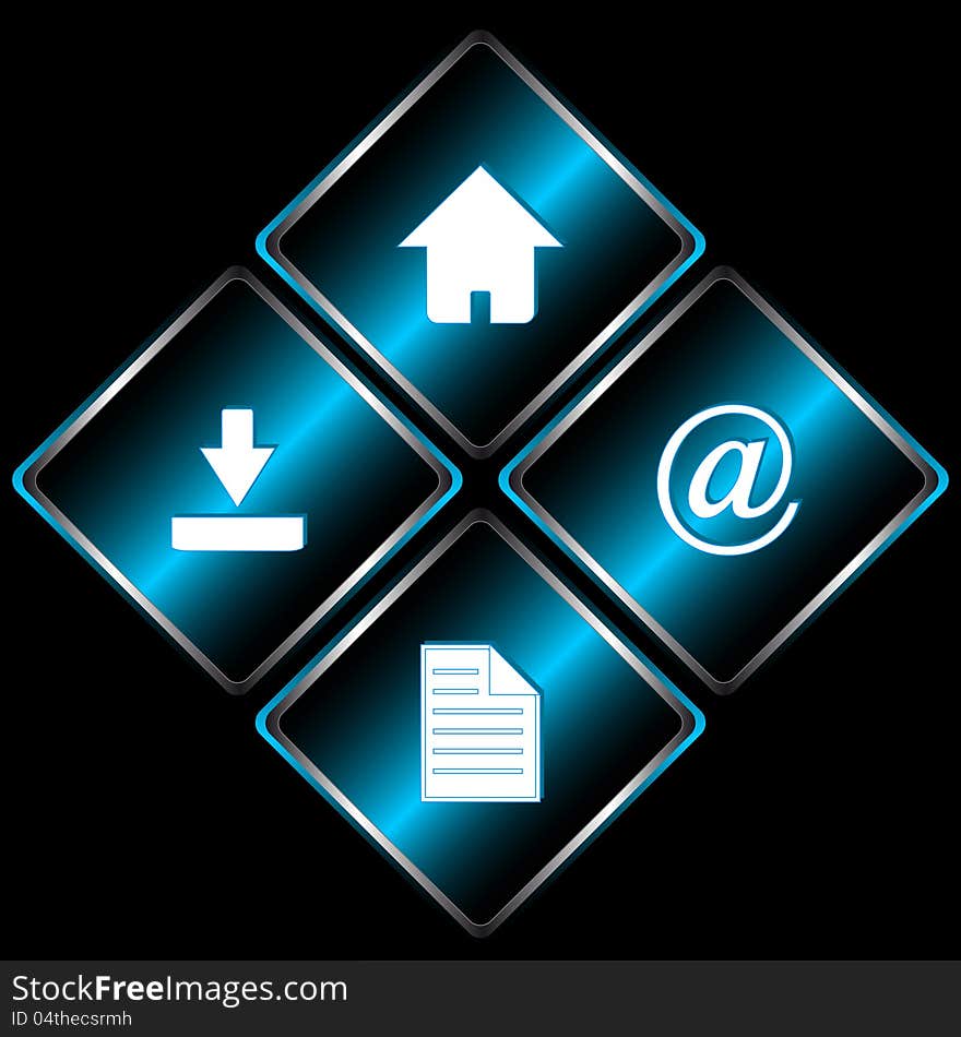 Four web icons with symbols mail document download and home