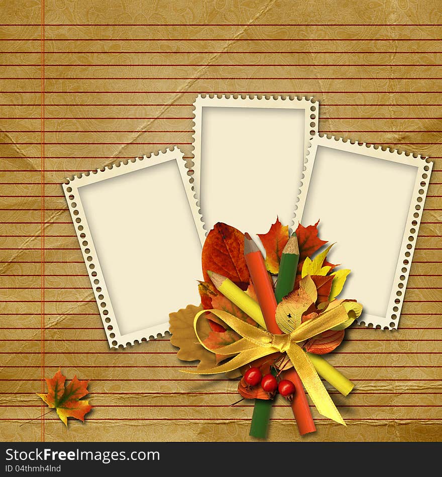 Victorian background with old card,autumn leaves and pencils. family album. Victorian background with old card,autumn leaves and pencils. family album