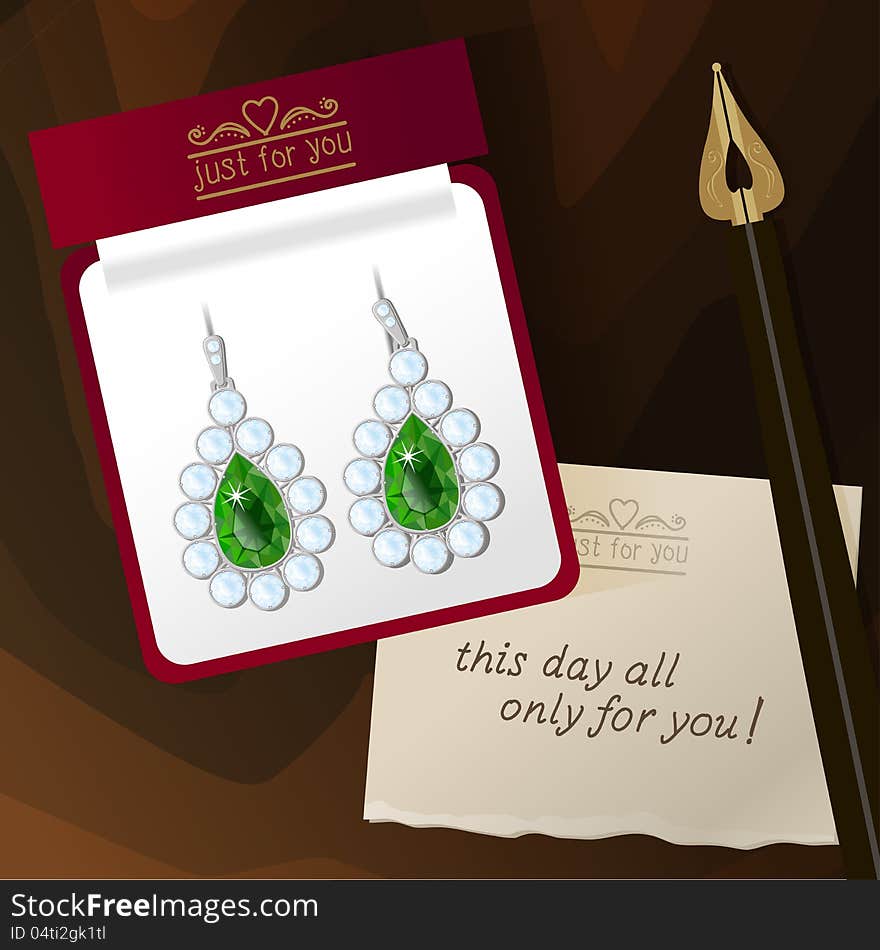 Illustration gift with jewelry from an emerald with the letter. Illustration gift with jewelry from an emerald with the letter