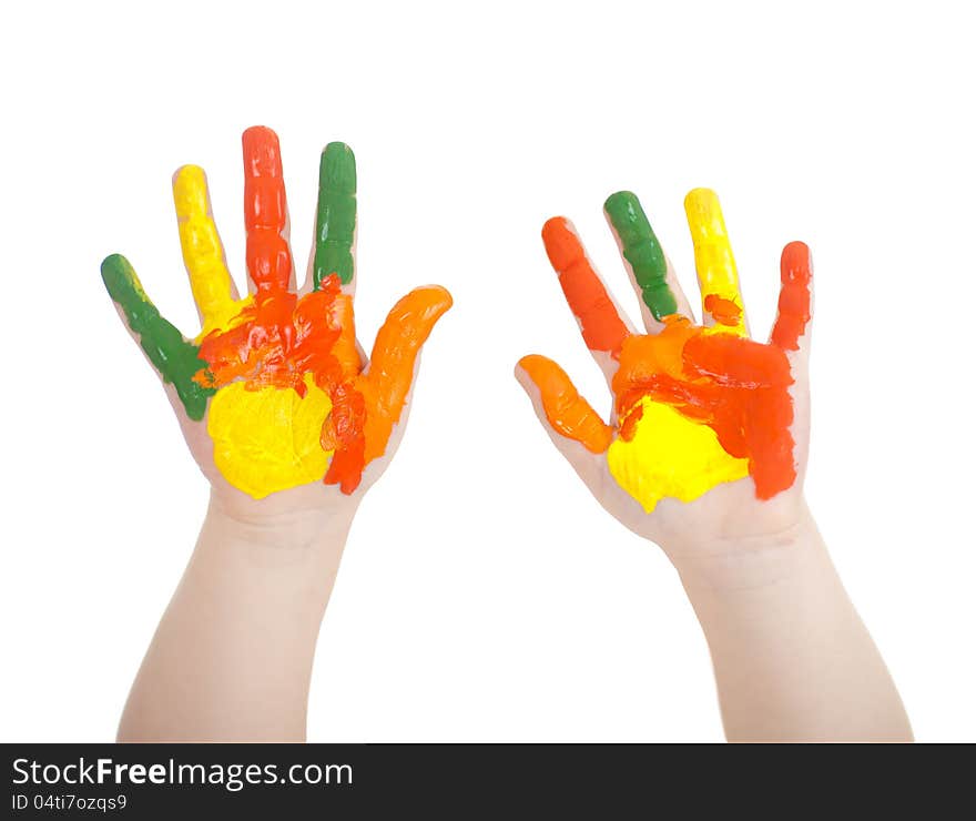 Kid's hands painted in bright colors isolated on white. Kid's hands painted in bright colors isolated on white