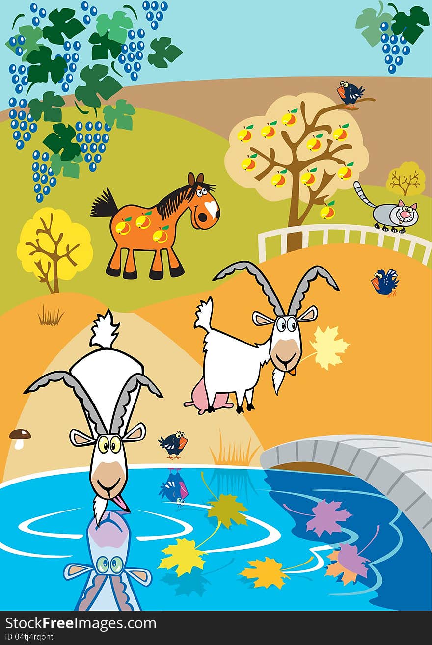 Children illustration with cartoon goats and horse,autumn season,picture for little kids. Children illustration with cartoon goats and horse,autumn season,picture for little kids