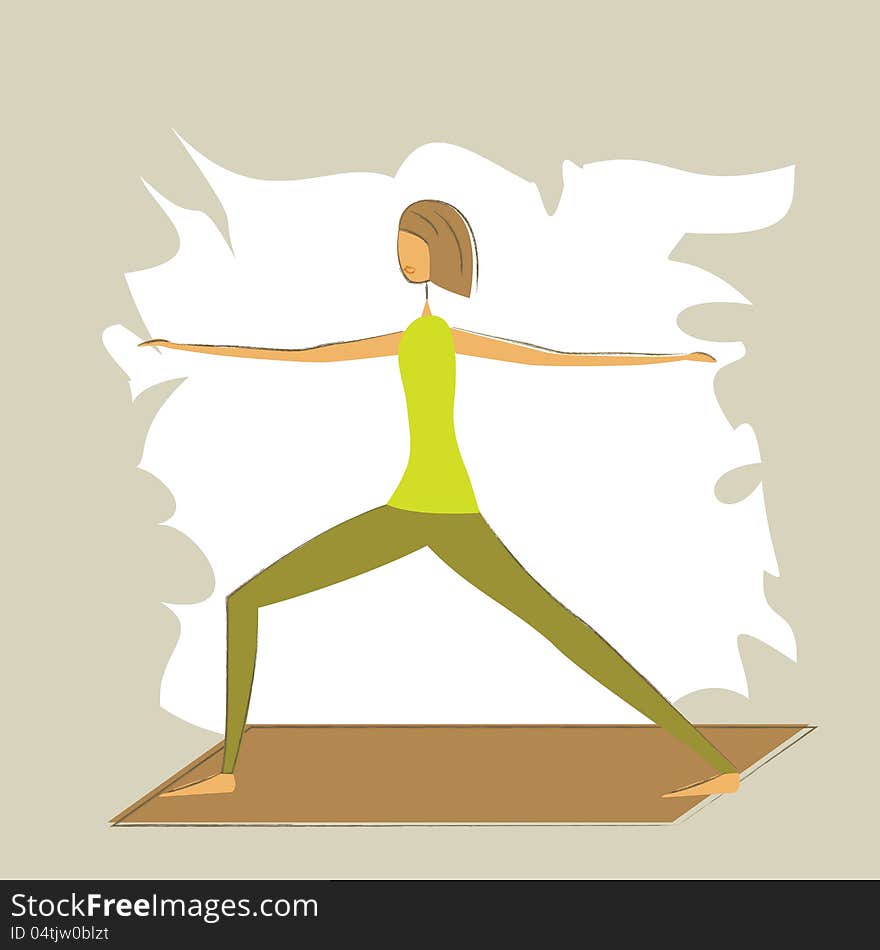 Woman in stylized yoga warrior pose.