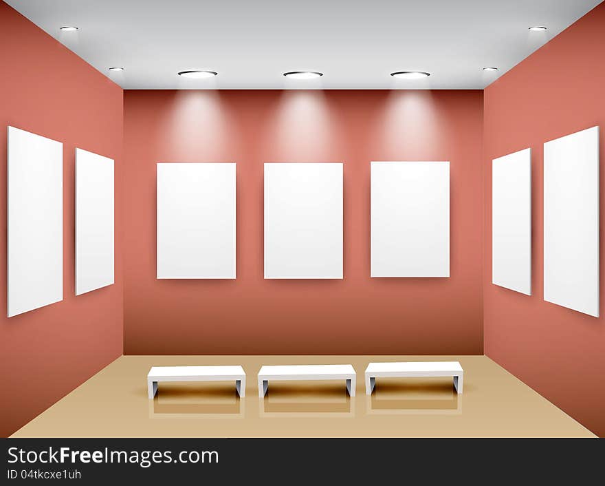 Gallery Interior with frames on red wall