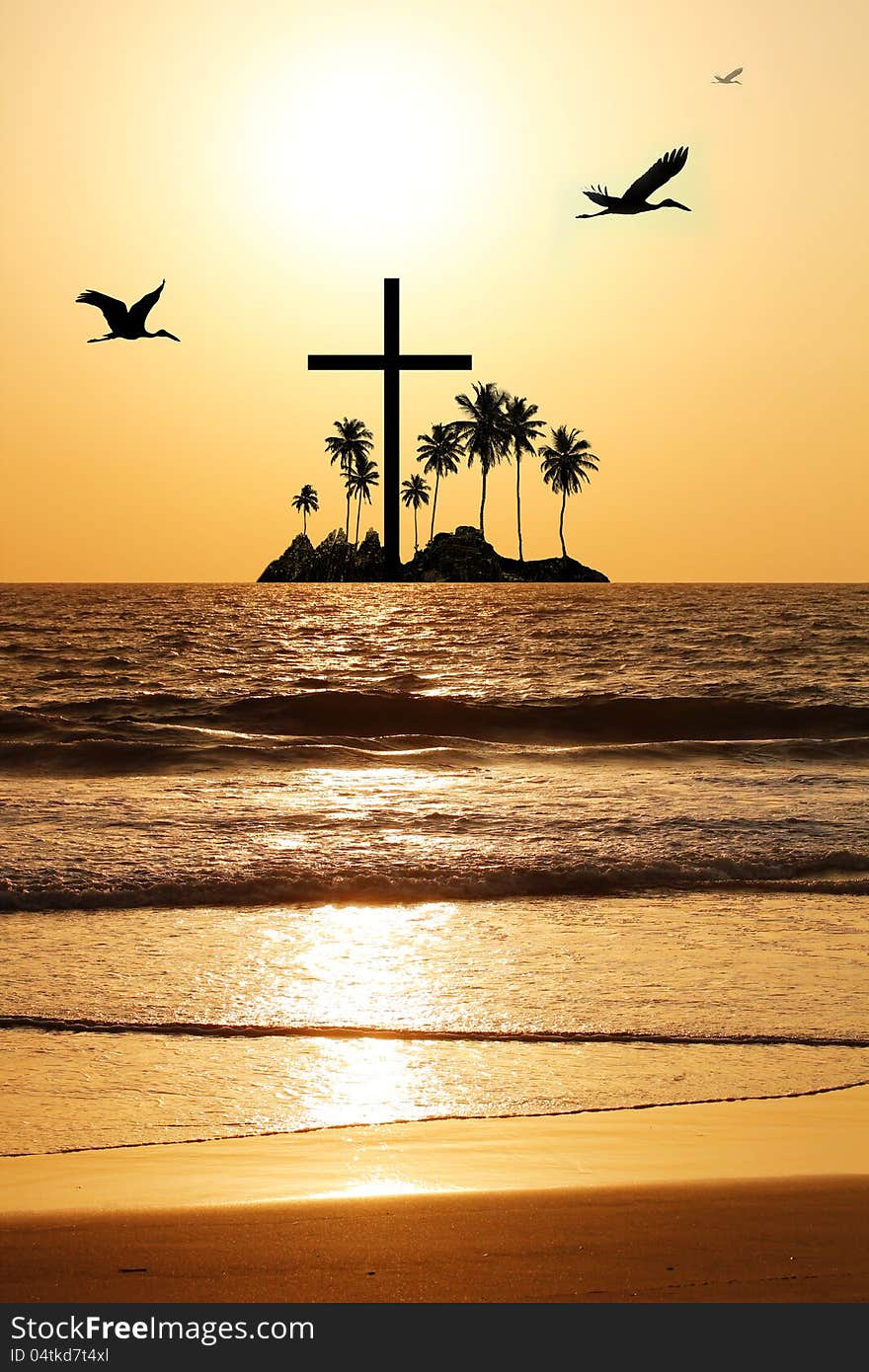 Majestic & heavenly seascape in the evening with island and a cross in the horizon. The evening sky is brightly lit by the setting sun with birds flying. The water waves are reflecting the sunlight. Majestic & heavenly seascape in the evening with island and a cross in the horizon. The evening sky is brightly lit by the setting sun with birds flying. The water waves are reflecting the sunlight