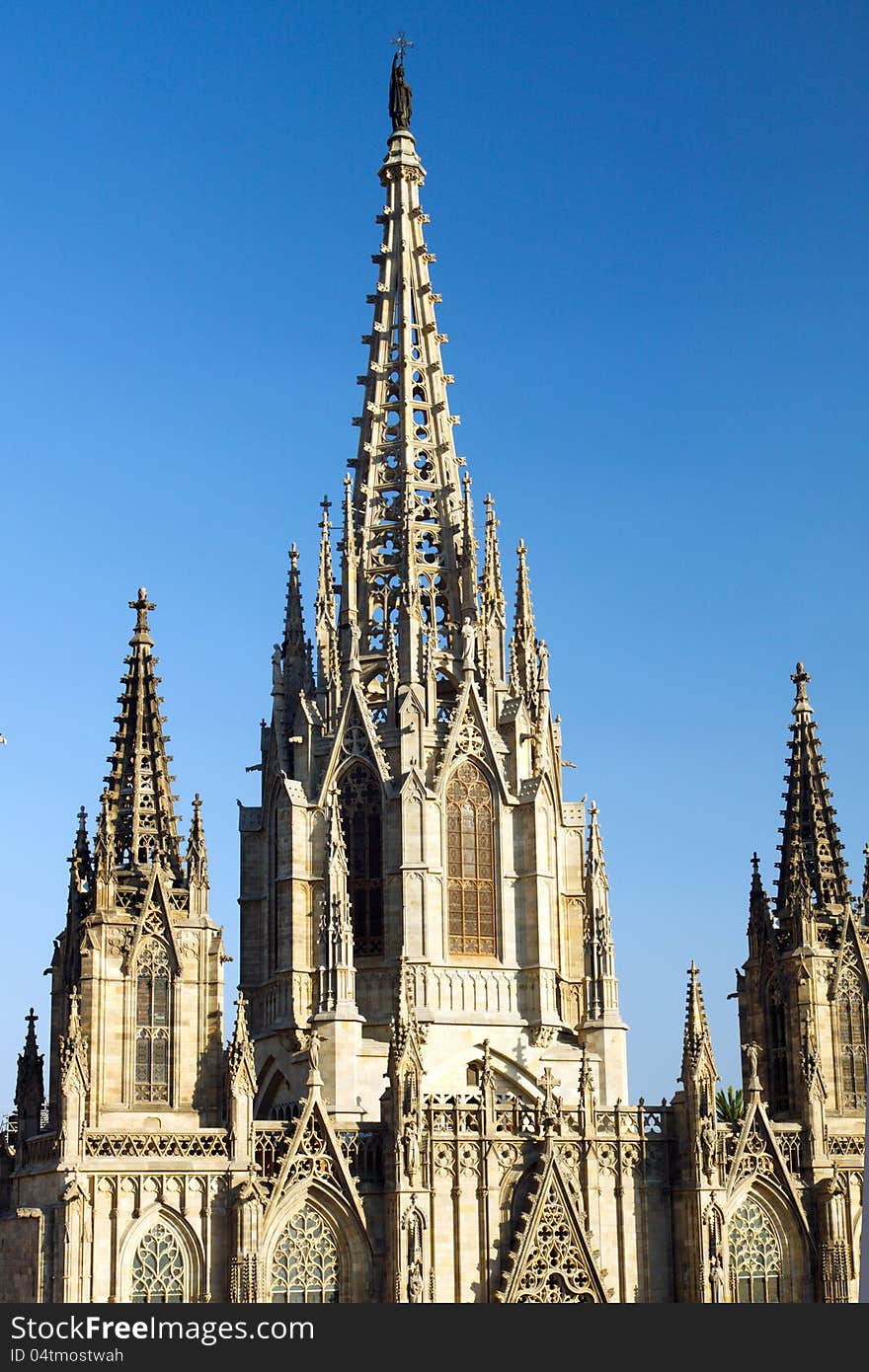 Cathedral of the Holy Cross and Saint Eulalia, Barcelona, Spain, with a clear blue sky. Cathedral of the Holy Cross and Saint Eulalia, Barcelona, Spain, with a clear blue sky