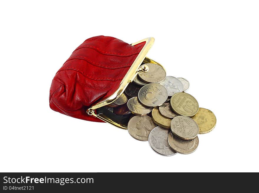 Red purse with change coins isolated on white. Red purse with change coins isolated on white