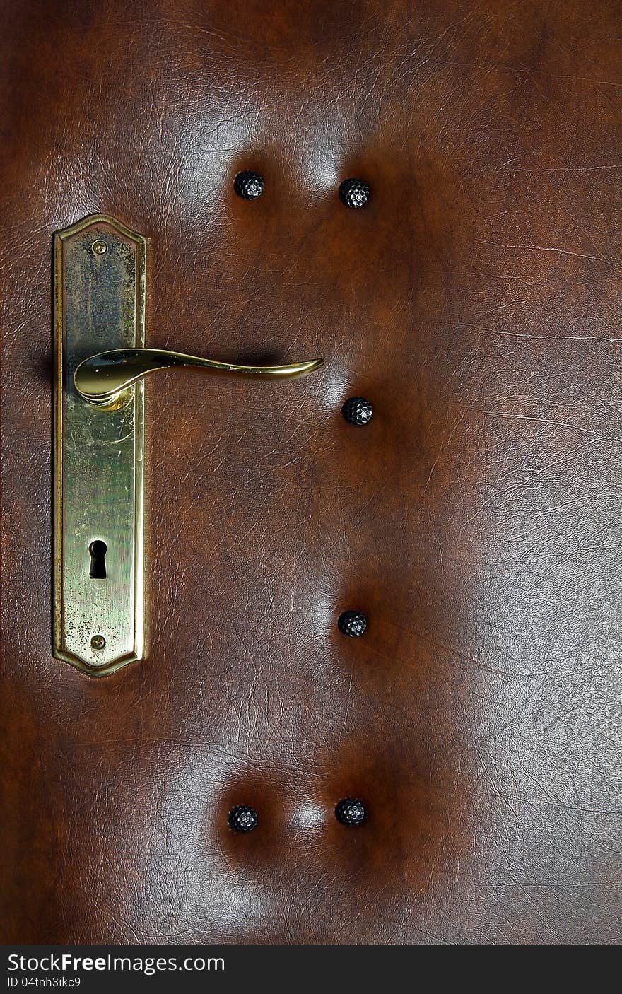 Vintage design leather upholstery door, with door knob - detail. Vintage design leather upholstery door, with door knob - detail.