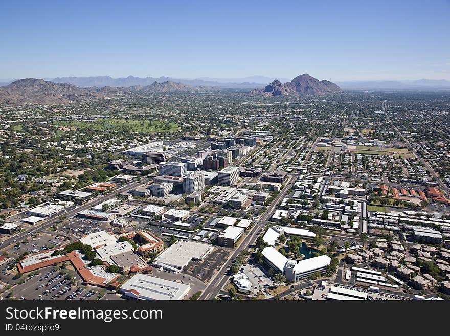 Aerial view of financial district under desert skies. Aerial view of financial district under desert skies