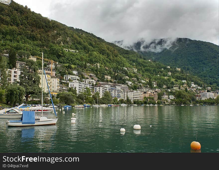 Yachts parked in small town of Montreux on Lake Geneva. Switzerland. Yachts parked in small town of Montreux on Lake Geneva. Switzerland