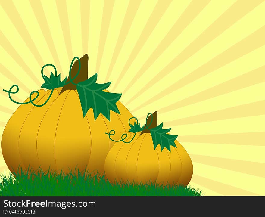 Pumpkins background on grass, vector illustration