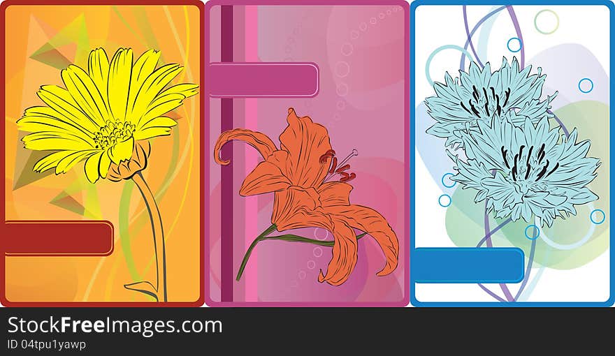 Set of colorful cards with different detailed flowers. Set of colorful cards with different detailed flowers