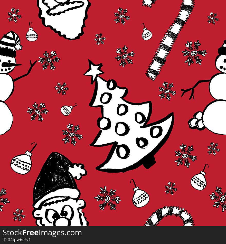 Hand drawn Christmas pattern with snow flakes, ornaments, santa, candy cane, snowflake, and Christmas Tree. Hand drawn Christmas pattern with snow flakes, ornaments, santa, candy cane, snowflake, and Christmas Tree