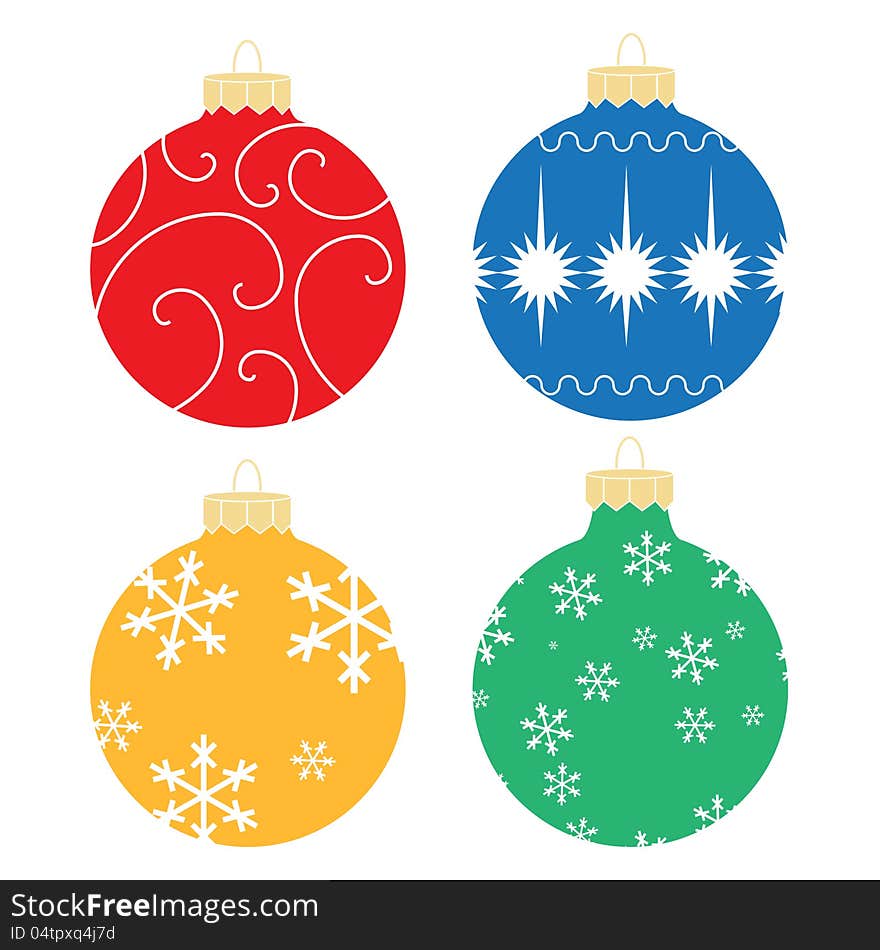 Illustrated Christmas ornaments featuring various patterns and styles.