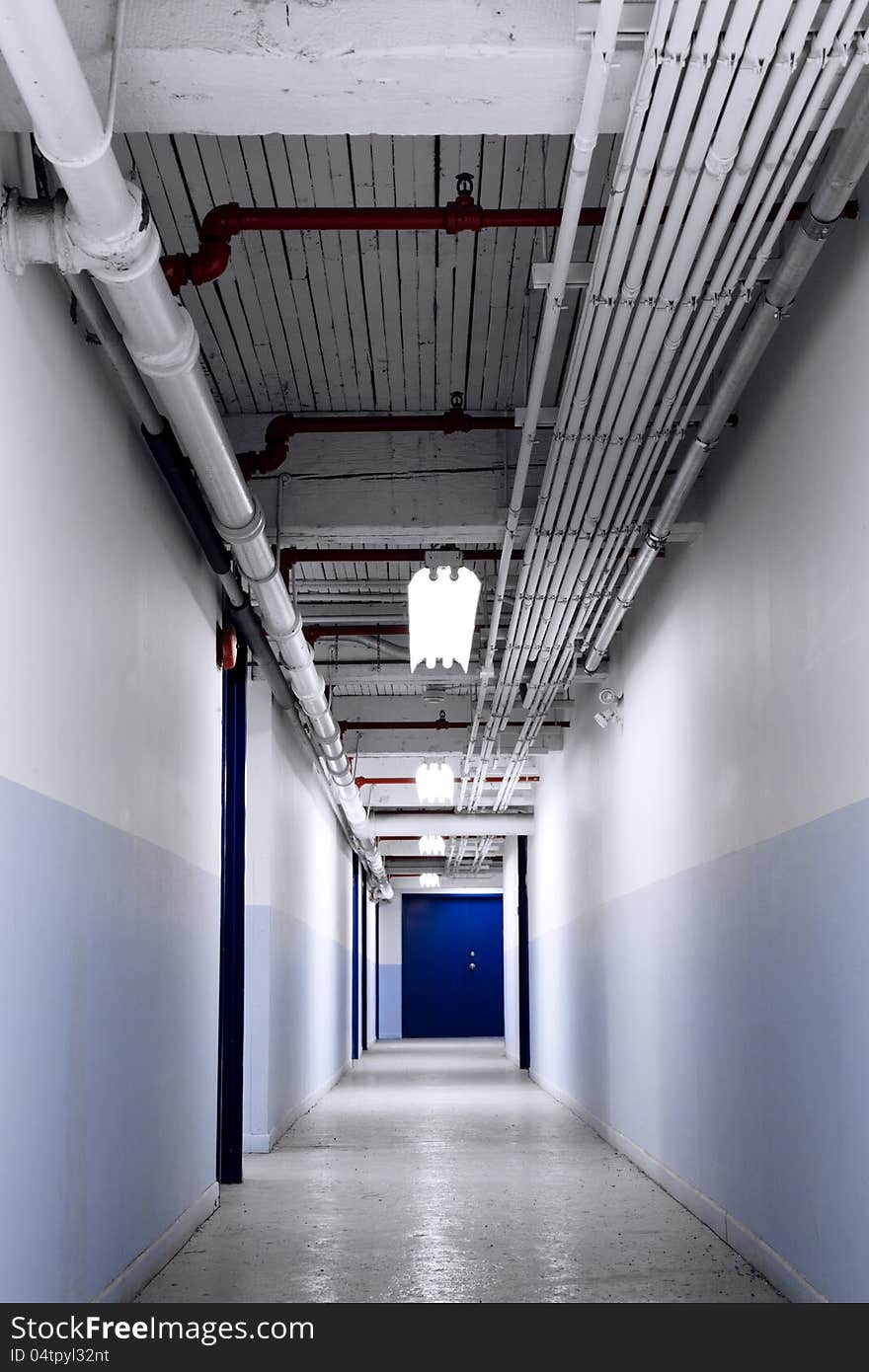 Long Blue Corridor in an underground place