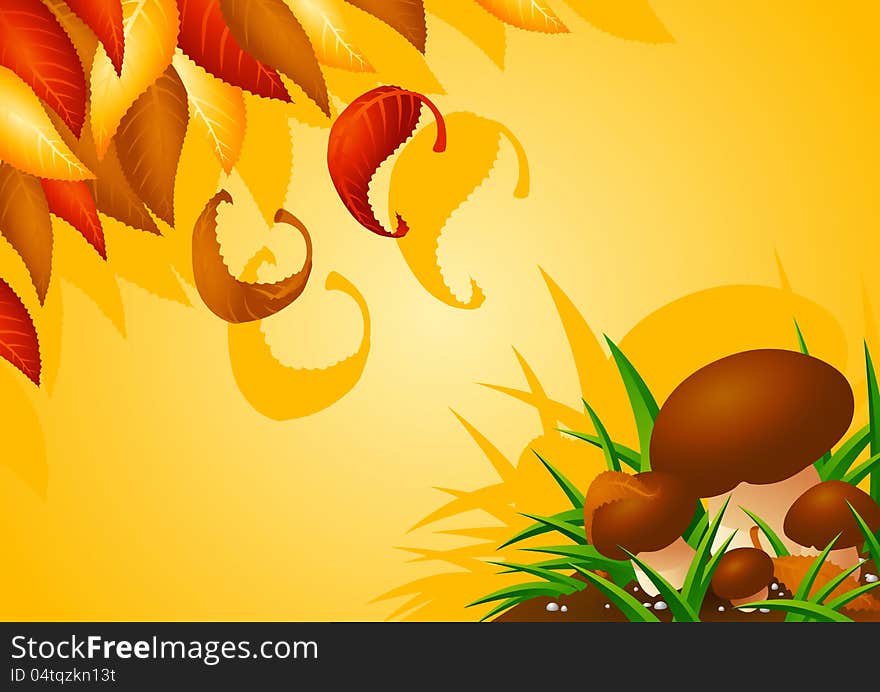 Horizontal autumn background with mushrooms and leaves. Available in vector AI format