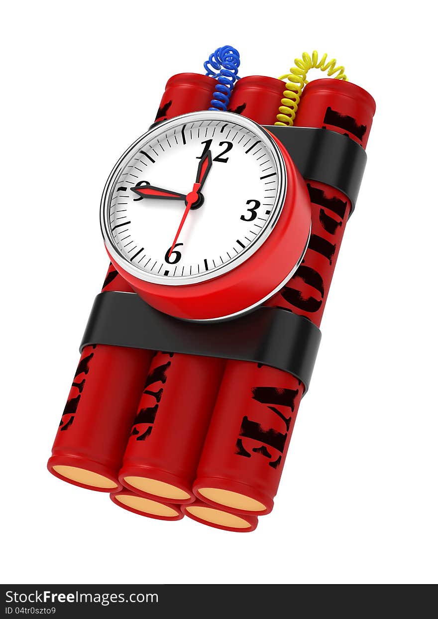 Dynamite Bomb with Clock Timer. Isolated on White.