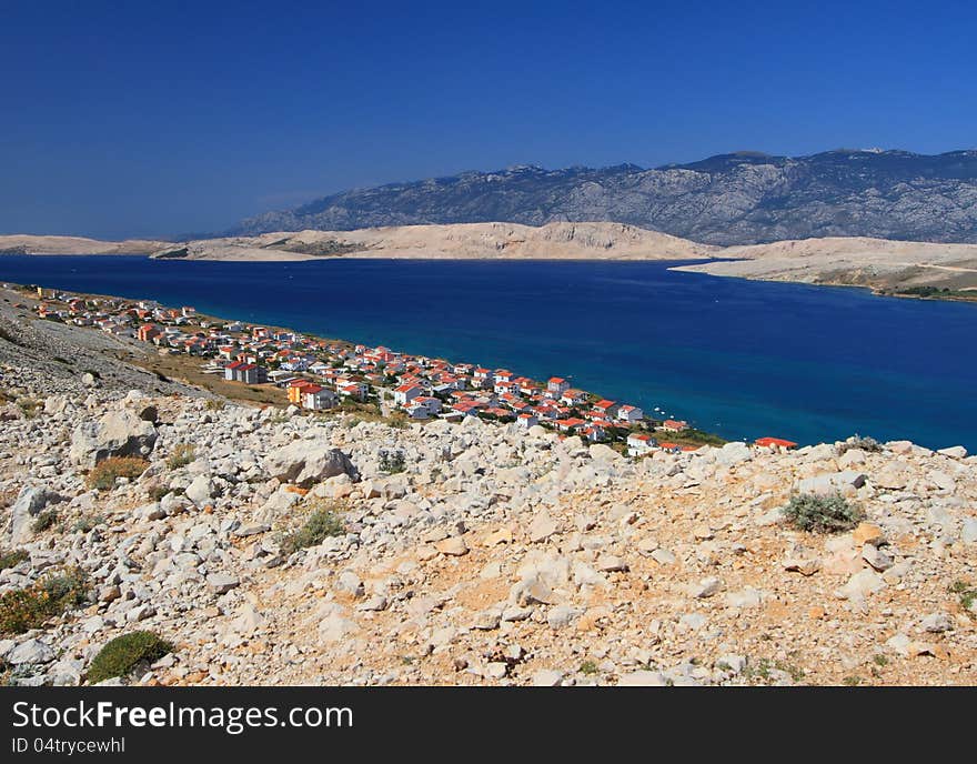 Pag island and village, croatia, adriatic sea