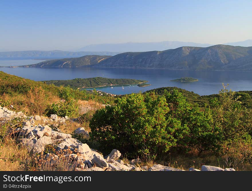 Korcula island in the Adriatic Sea, in the Dubrovnik-Neretva County of Croatia. It lies just off the Dalmatian coast. View from a small road near Kneza.