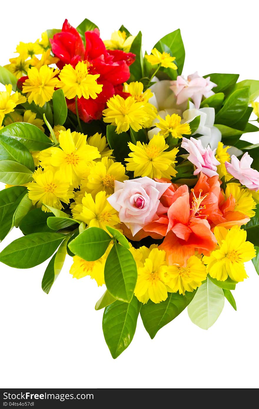 Yellow mexican daisy with others flowers on white table. Yellow mexican daisy with others flowers on white table