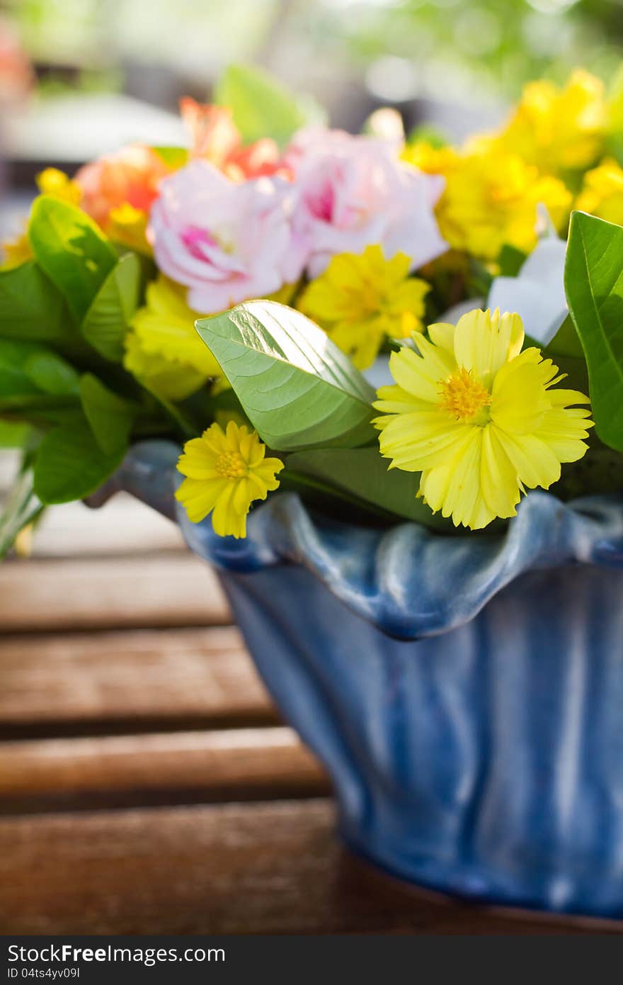 Yellow mexican daisy in blue ceramic vase