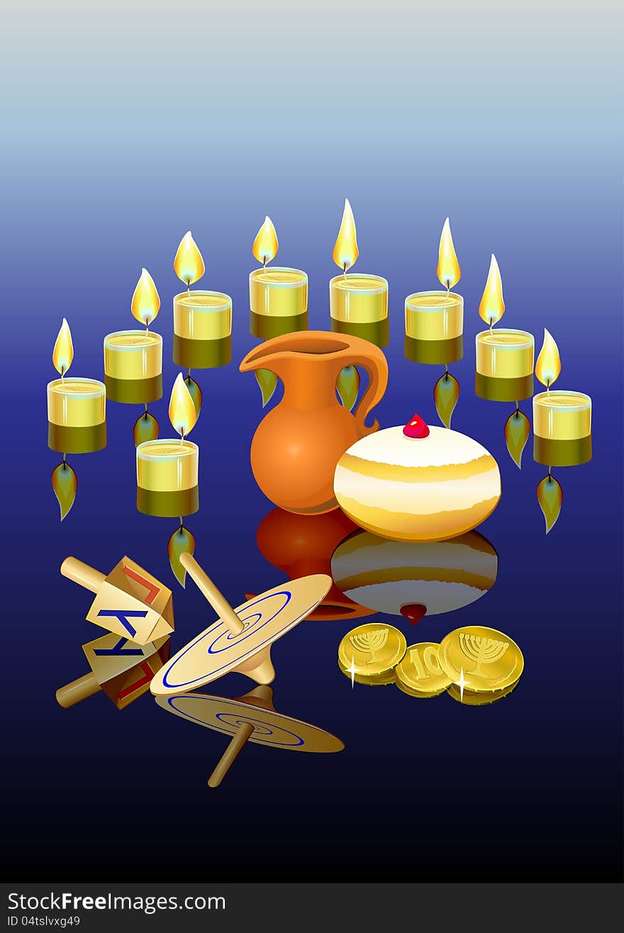 Hanukkah background with candles, donuts, oil pitcher and spinning top