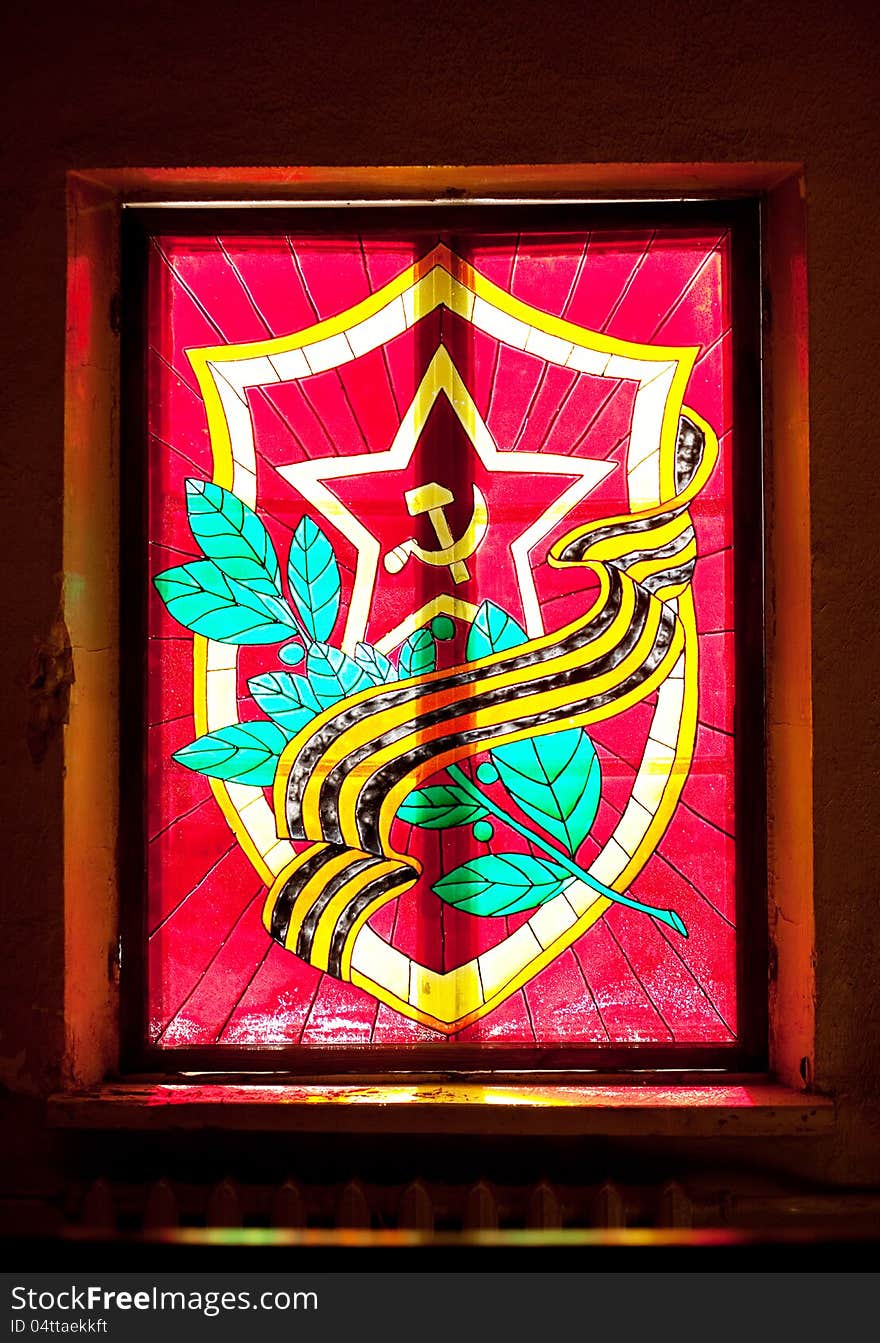 Coat of arms, hammer and sickle - soviet union stained-glass art retro design. Coat of arms, hammer and sickle - soviet union stained-glass art retro design