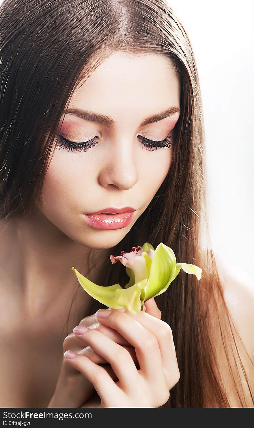 Sensual beaty woman with flower, fresh orchid. Sensual beaty woman with flower, fresh orchid