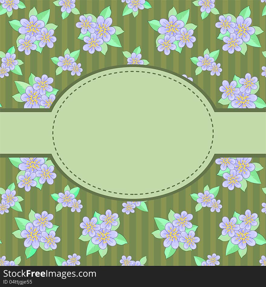 Dark green striped background with blue flowers and oval label. Dark green striped background with blue flowers and oval label