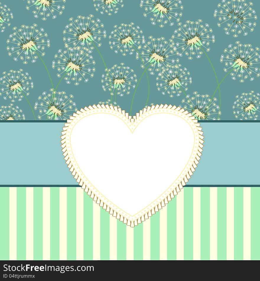 Blue vintage card with yellow heart and dandelions. Blue vintage card with yellow heart and dandelions