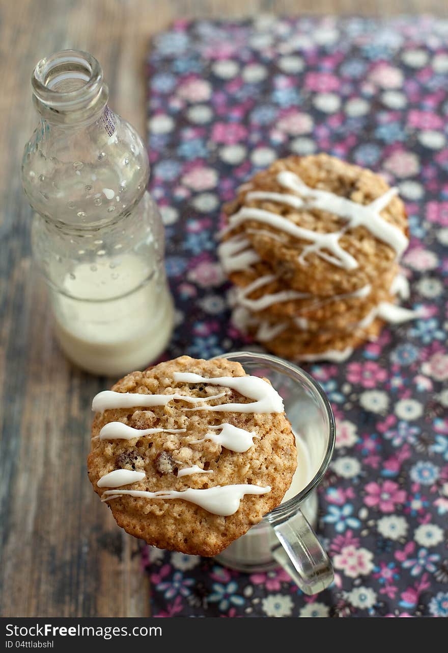 Oat cookies with a glass of milk. Oat cookies with a glass of milk