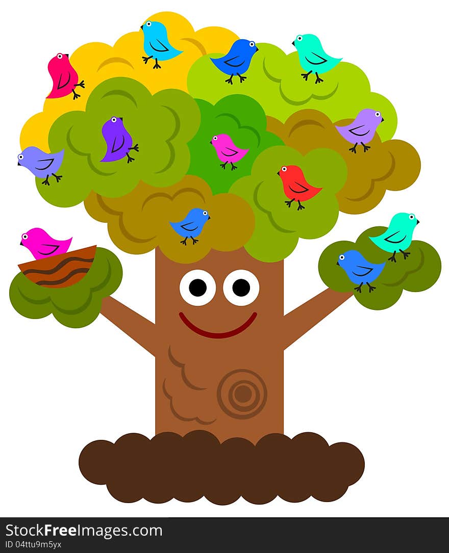 A cartoon illustration of a cute and happy tree with different birds