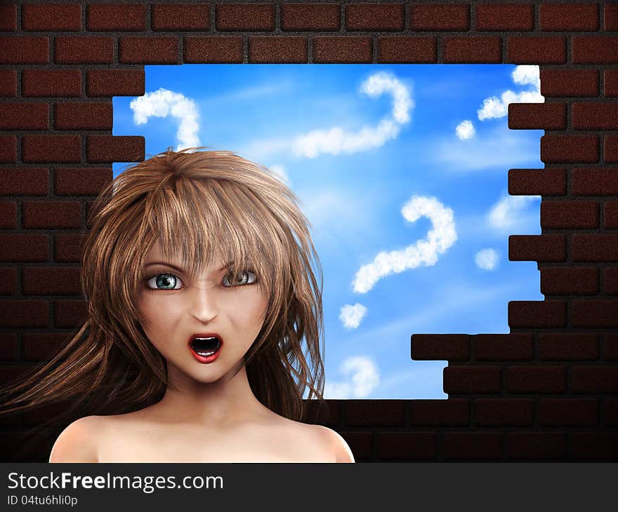 Angry girl at broken brick wall