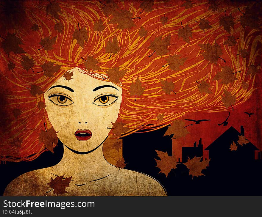 Illustration of girl with red hair, city and maple leaves background. Illustration of girl with red hair, city and maple leaves background.