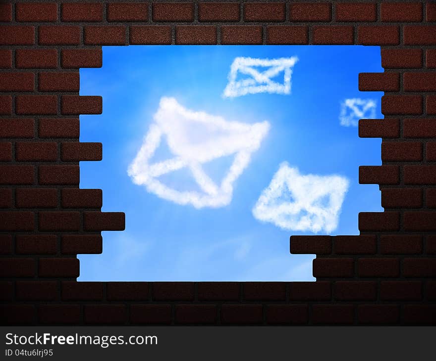 Illustration of envelopes of cloud in hole in brick wall. Illustration of envelopes of cloud in hole in brick wall.