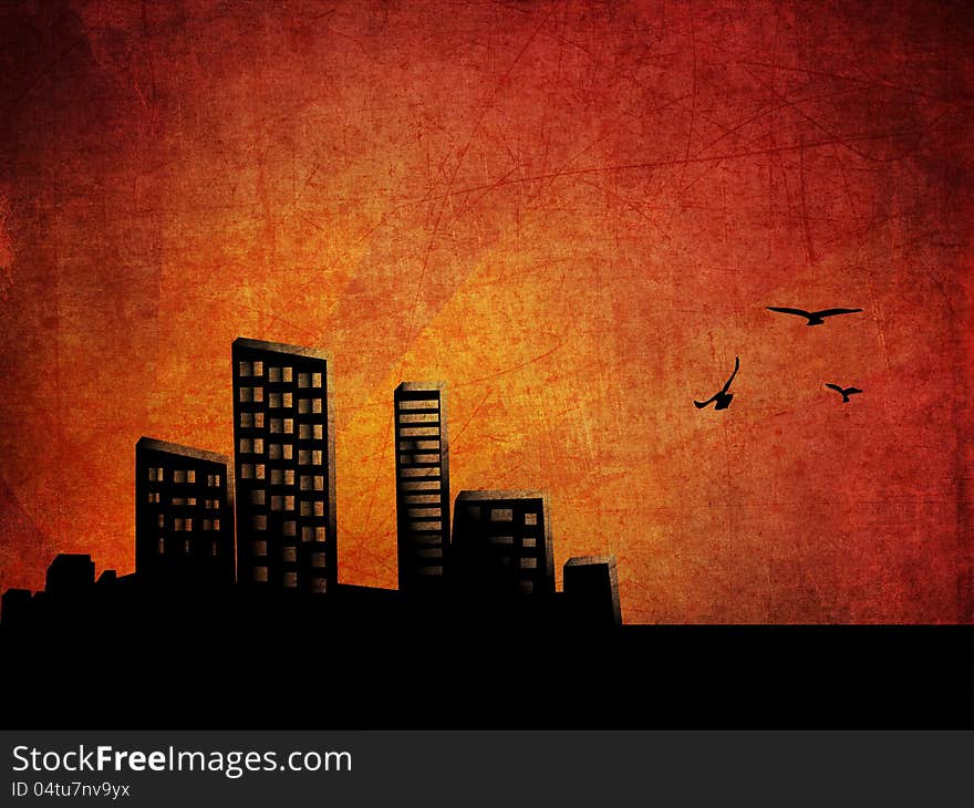 Grunge illustration of abstract city at sunset background. Grunge illustration of abstract city at sunset background.