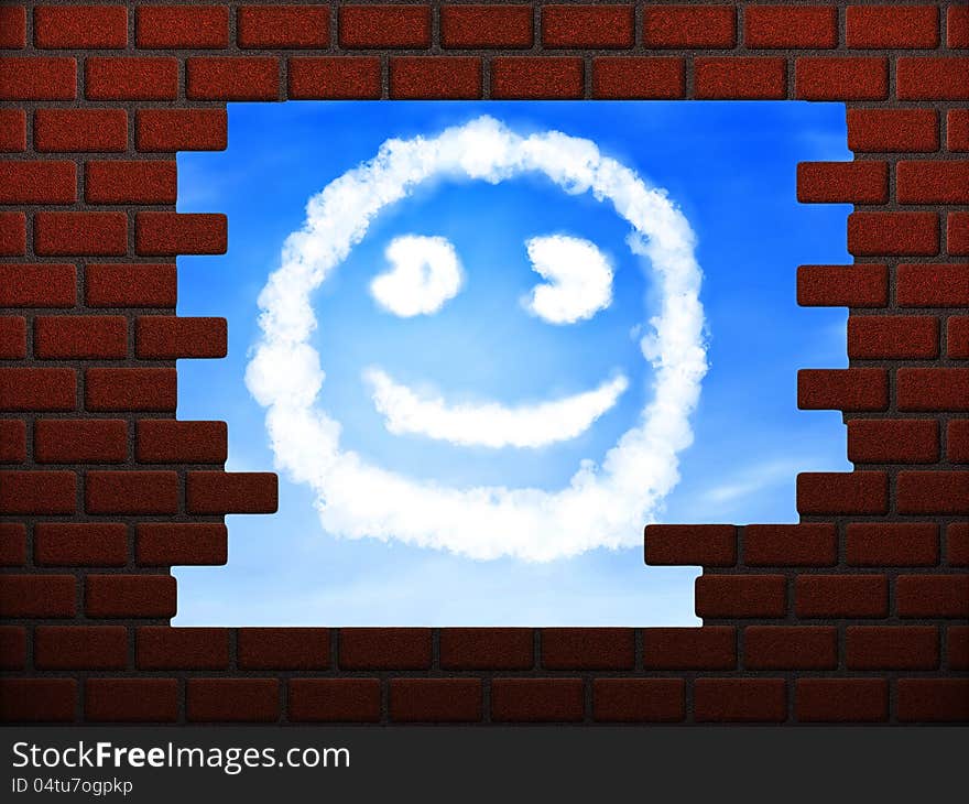 Smile cloud in hole in brick wall