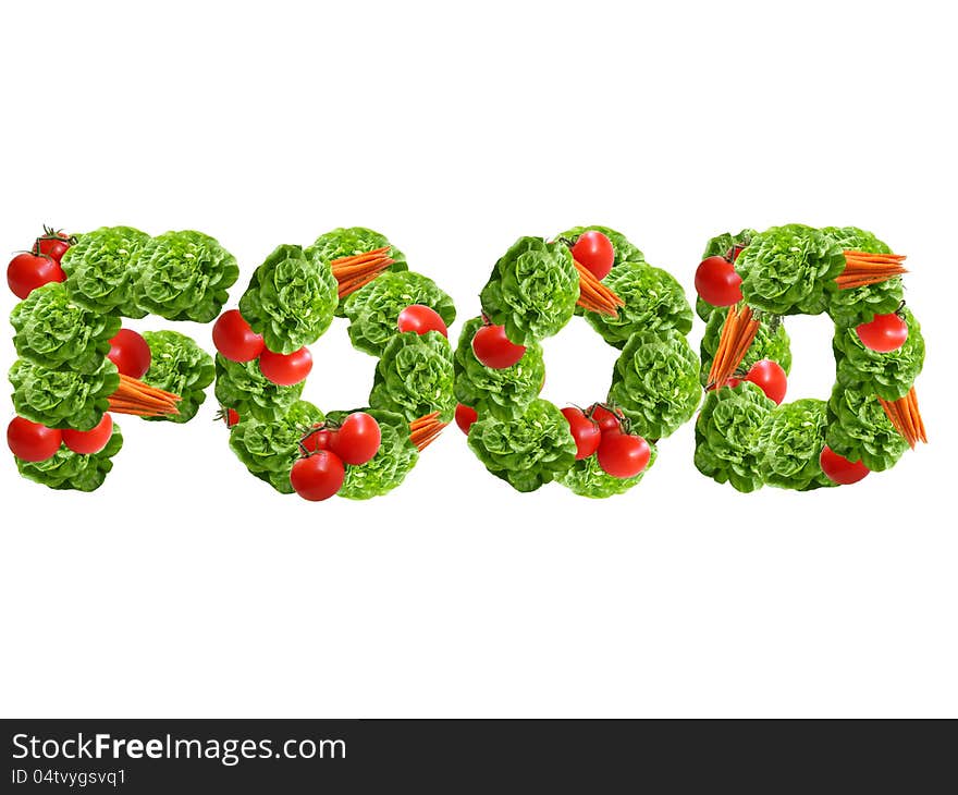 Food word made of vegetables isolated on the white