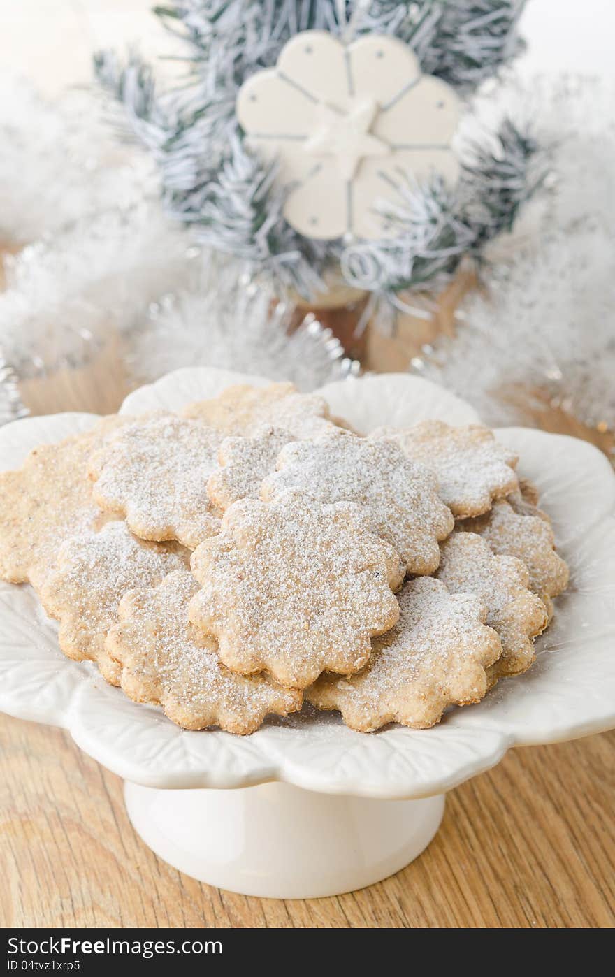 Christmas gingerbread cookies decorated with icing sugar