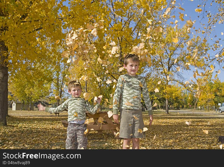 Two happy boys having fun throwing colorful fall leaves in air. Two happy boys having fun throwing colorful fall leaves in air