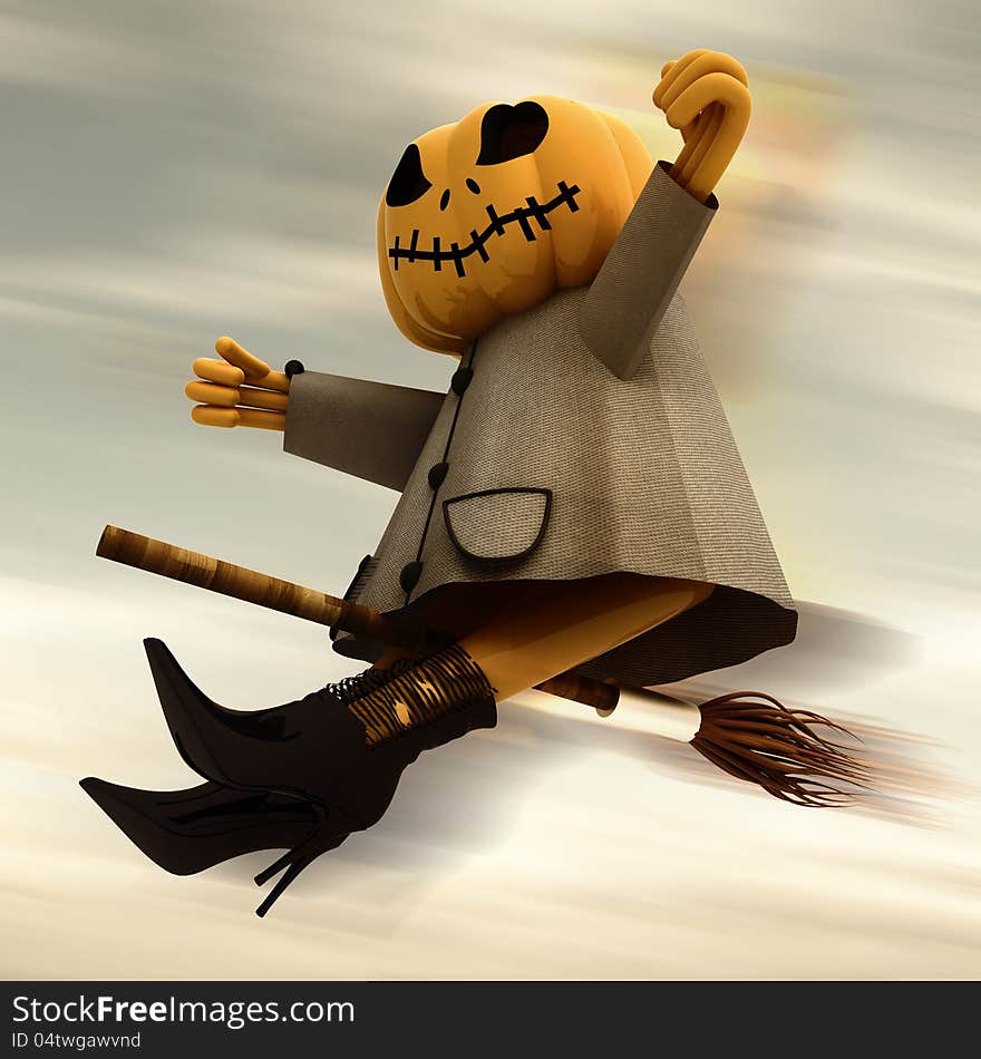 Flying halloween pumpkin motion blur dark sky background render illustration. Flying halloween pumpkin motion blur dark sky background render illustration