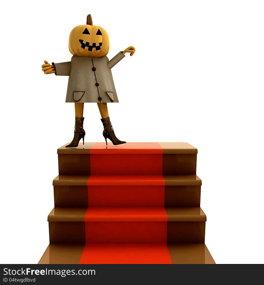 Isolated halloween pumpkin standing on red carpet staircase render illustration