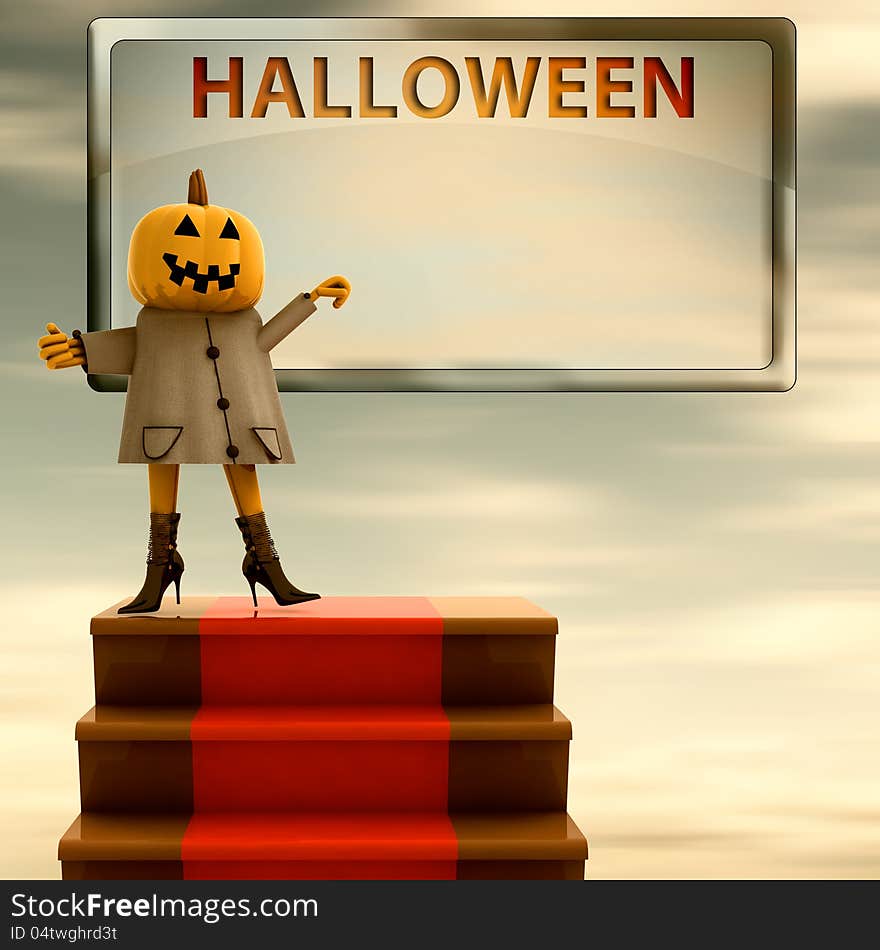 Pumpkin standing on red carpet sunset template render illustration