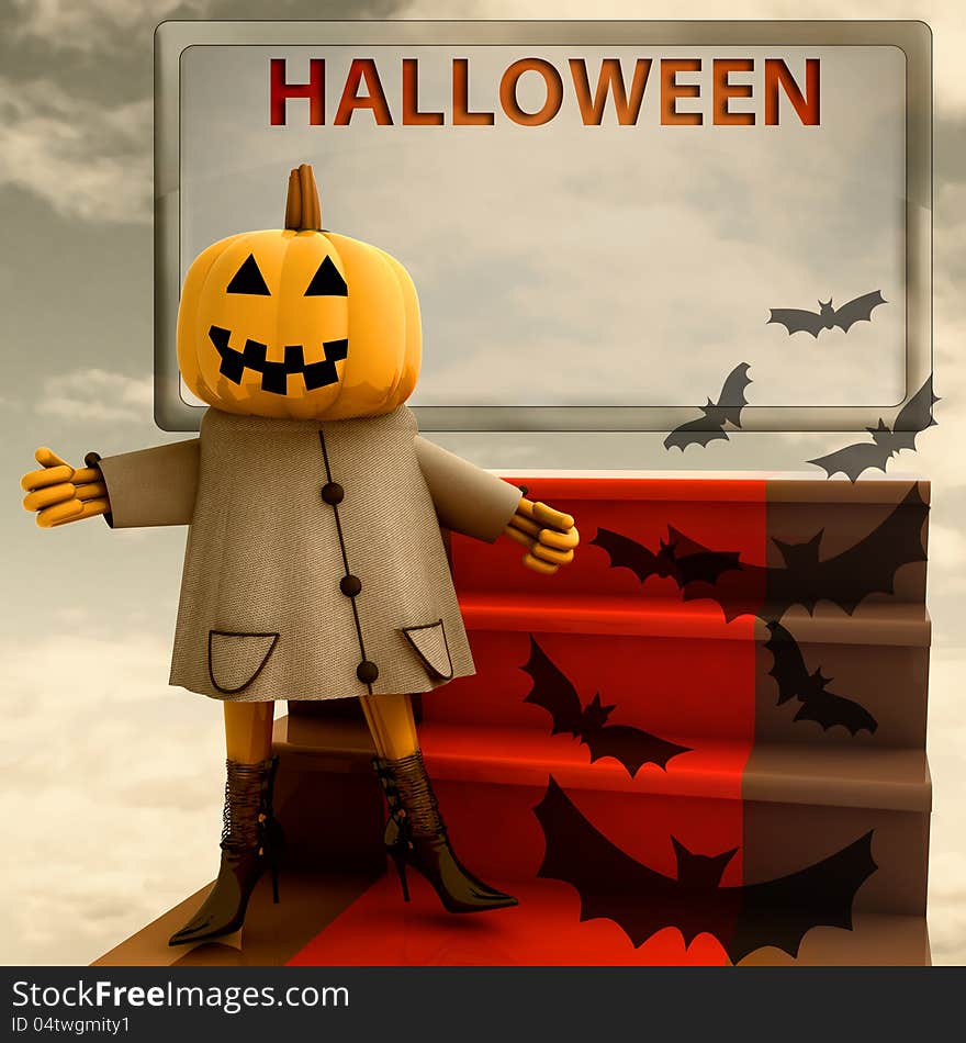 Halloween pumpkin standing on red carpet template