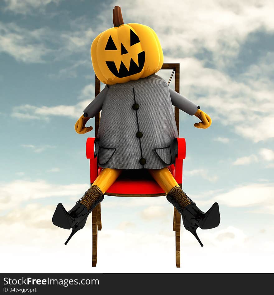 Halloween pumpkin sitting front view sky cloudy background render illustration