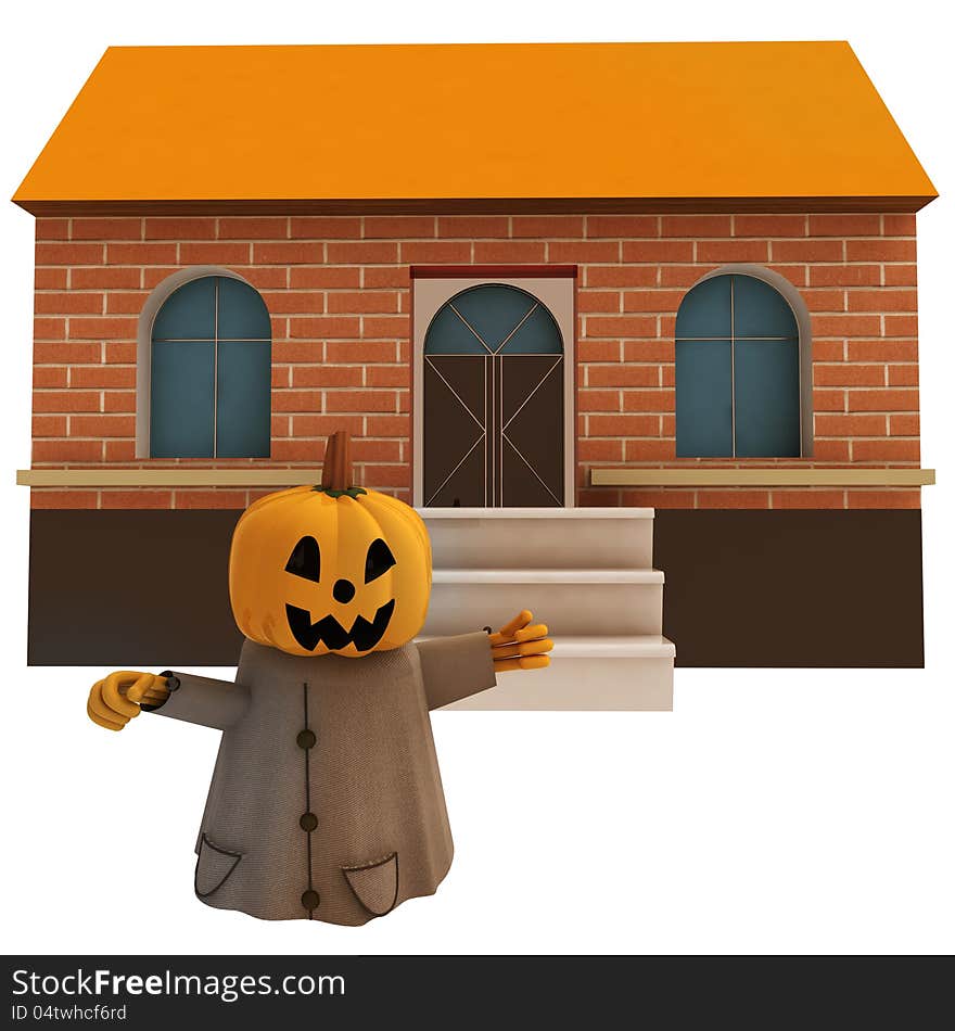 Isolated Pumpkin Witch In Front Of House