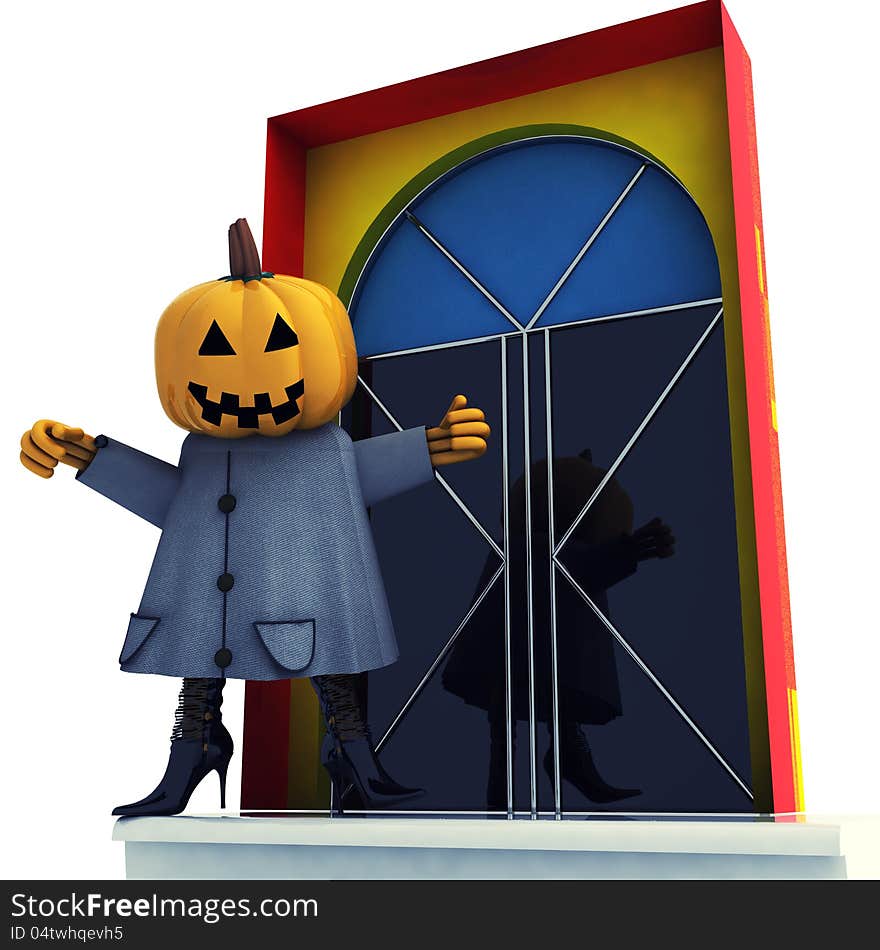 Halloween pumpkin witch standing in front of door background render illustration. Halloween pumpkin witch standing in front of door background render illustration