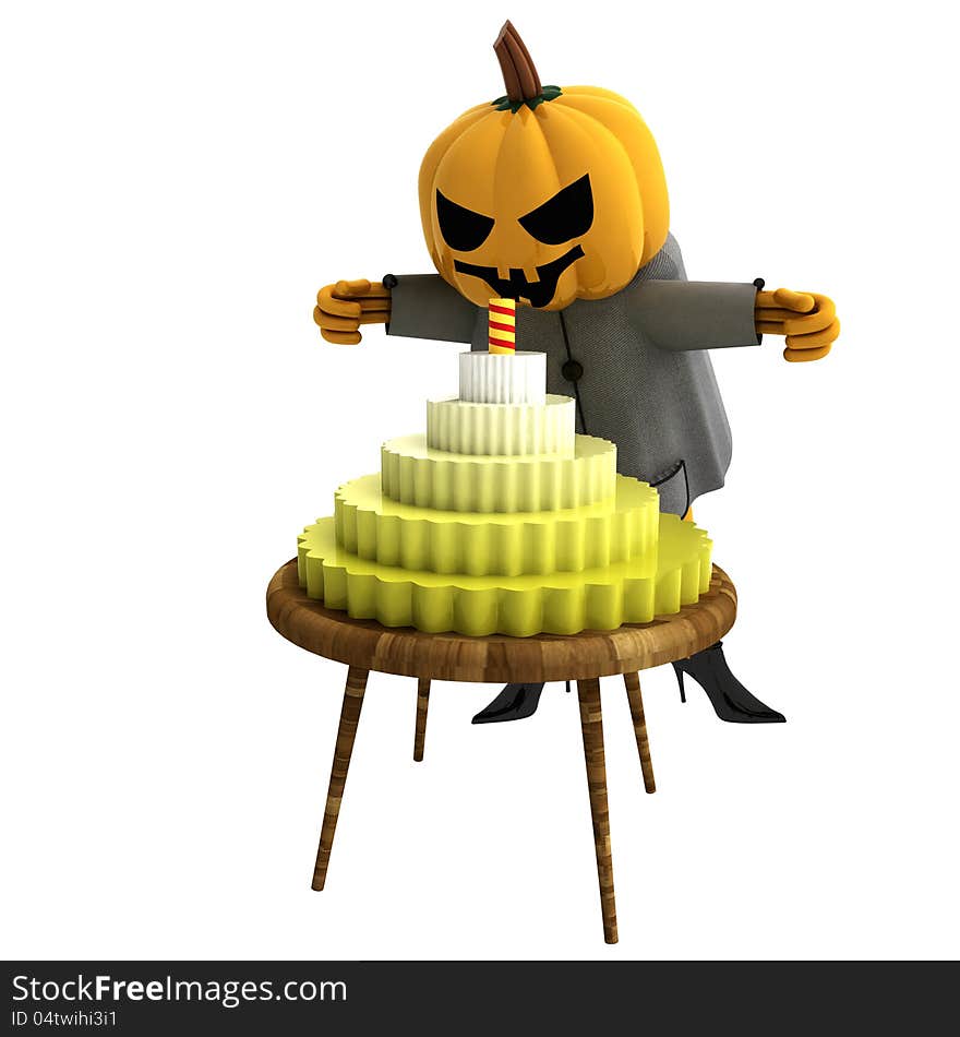 Isolated pumpkin witch with cake and candle on table render illustration