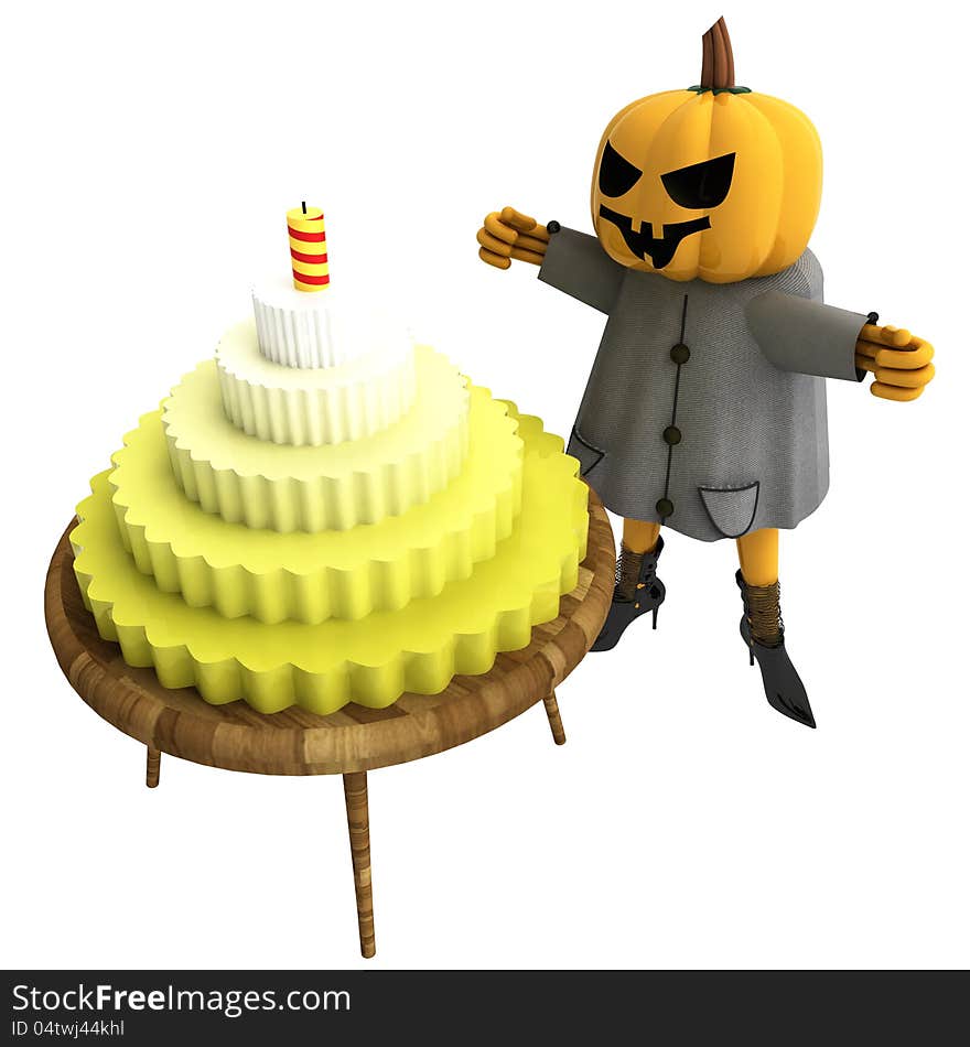 Isolated Pumpkin Witch With Cake On Table